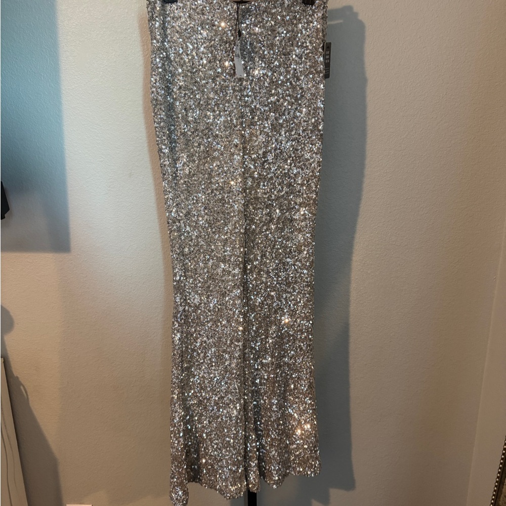 Express Silver Sequin Flare Pants